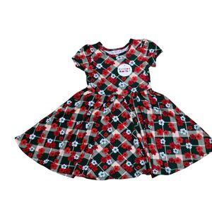 DotDotSmile Kids Plaid Floral Short Sleeve Twirl Dress Green Red 3/4 NEW